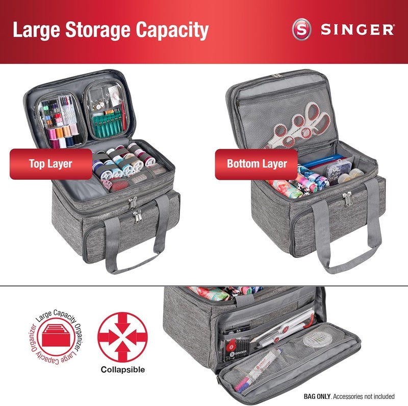 SINGER منظم ملحقات الخياطة (حقيبة فقط) - حقيبة تخزين خياطة محمولة بطبقتين | 2 حقيبة قابلة للفصل و 18 قسم، حقيبة كبيرة لمستلزمات الخياطة والحرف اليدوية (رمادي) - Image 2